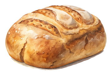 Freshly baked bread, rustic style, warm colors, watercolor illustration, food art, culinary design, bakery concept.