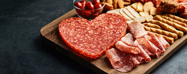 heart shaped charcuterie board filled with meats, cheeses, and snacks