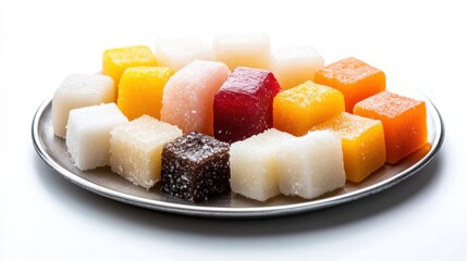 Colorful assorted jelly cubes serving tray food photography bright lighting close-up delicious treats