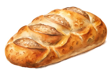 Watercolor bread loaf, artisanal baking, golden crust, soft texture, rustic style, food illustration, culinary art, bakery product.