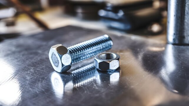 A single bolt and nut on a reflective metal surface