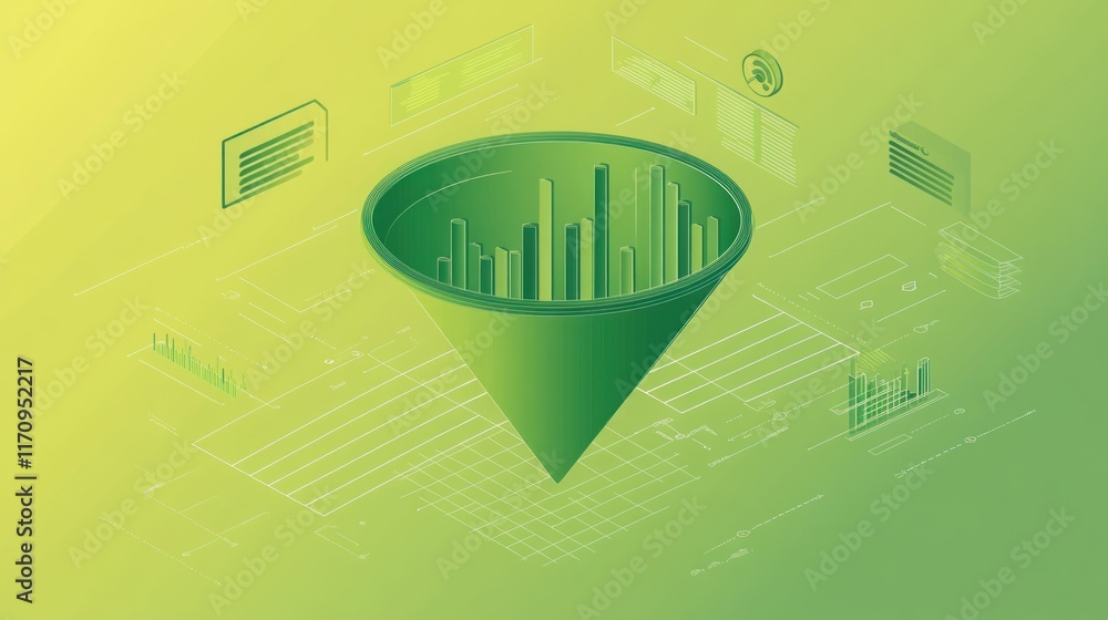 Poster 3D isometric illustration of a green funnel with data visualization charts and graphs, representing a sales funnel or data analysis process.