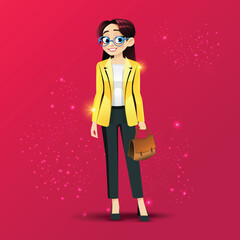 A Business woman in a yellow jacket with a red background with stars and a red background.