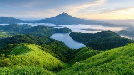 Fototapeta premium A view of a lake surrounded by green hills and mountains