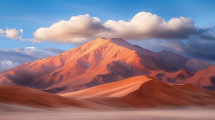 Naklejka premium A desert landscape with sand dunes and mountains in the background