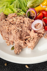 tuna salad fresh vegetables and seafood fresh tasty food dish delicious gourmet food background on the table rustic food top view copy space keto and paleo diet Vegetarian and pescetarian diet