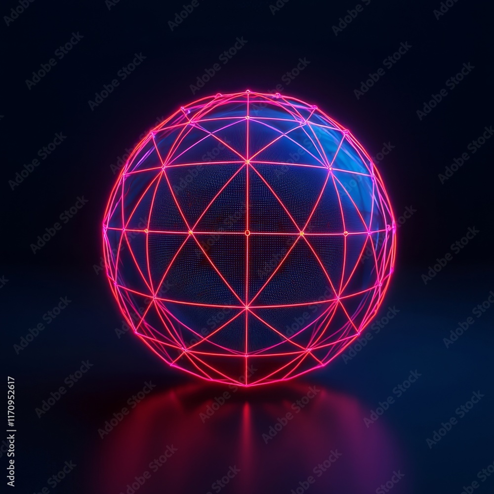 Poster deep progress learning concept. neon geometric sphere with glowing lines and dark background.