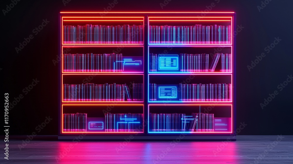 Poster artificial learning tool concept. neon-lit bookshelf with vibrant colors and modern design.