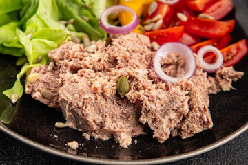 tuna salad fresh vegetables and seafood fresh tasty food dish delicious gourmet food background on the table rustic food top view copy space keto and paleo diet Vegetarian and pescetarian diet
