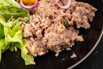 tuna salad fresh vegetables and seafood fresh tasty food dish delicious gourmet food background on the table rustic food top view copy space keto and paleo diet Vegetarian and pescetarian diet