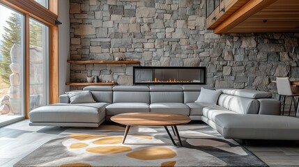 A beautiful modern living room with a stone wall and a cozy fireplace, featuring a grey leather sectional, a wooden coffee table, and an abstract rug. 