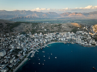 Aerial panorama of Sarande (aka Saranda), Albania. Photo taken with drone at sunset
