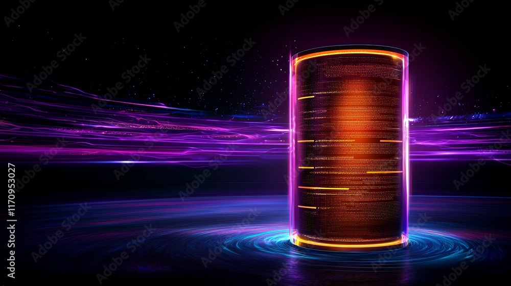Poster a vibrant, glowing cylinder with colorful light waves emanates from it, creating a futuristic and dy