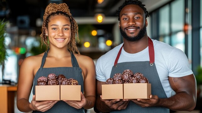 Happy Diverse Couple Holding Delicious Chocolate Treats in Cafe