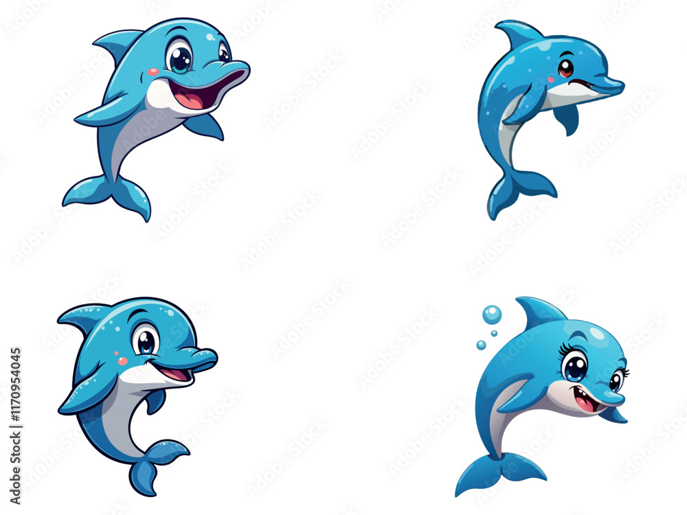 Wall mural animated dolphins with various poses and expressions for marine and fun-themed projects