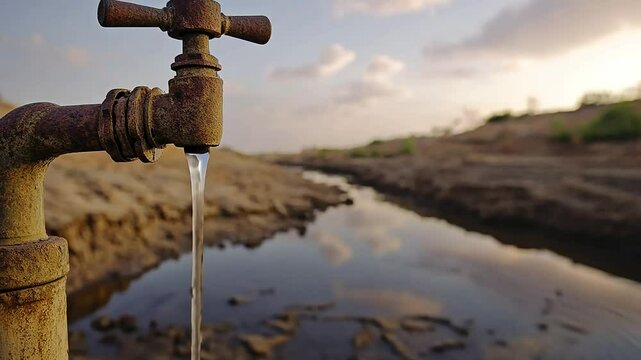 Rusty faucet with a single drop of water dripping into a dry, cracked riverbed under a cloudy sky.