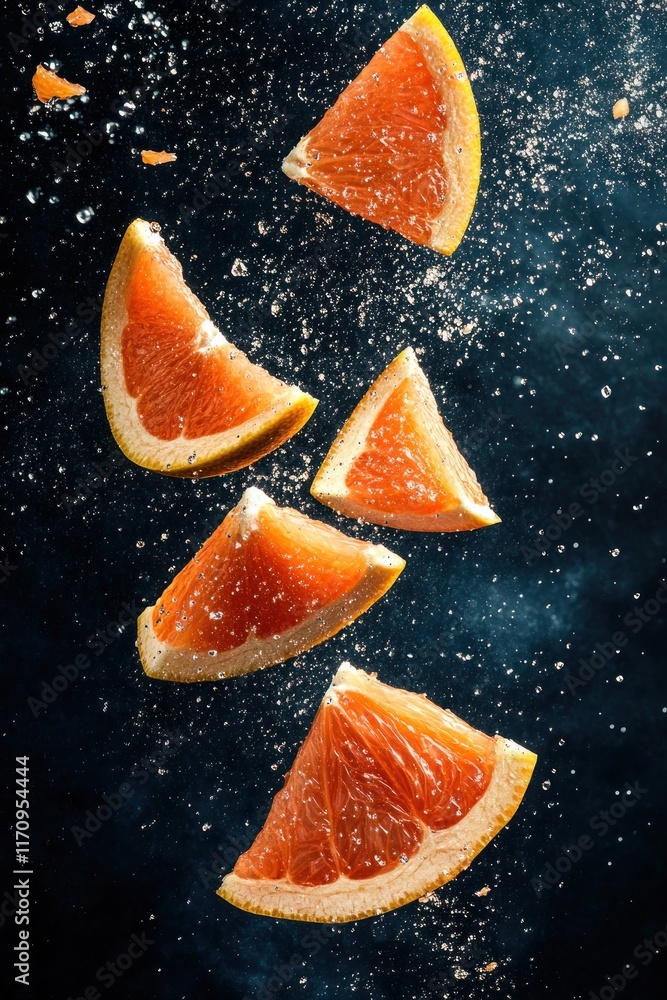 Poster five grapefruit slices falling against a dark background with splashes.