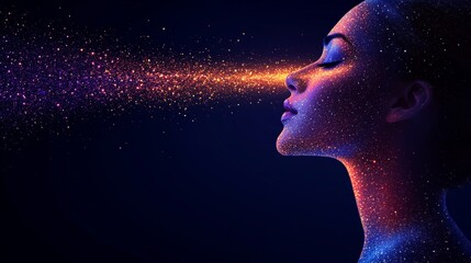 Duality of Beauty Woman With Flowing Light Particles, Creativity And Inspiration Concept.