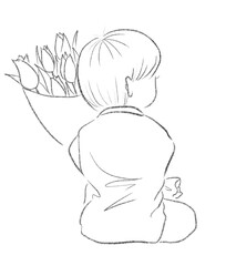 花束を持つ子供の後ろ姿_ラインのみ