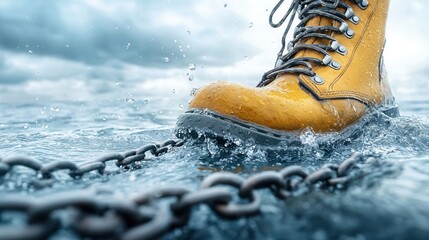 A pair of yellow boots in the water with a chain around them