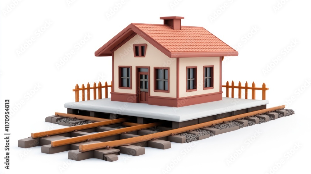 Aufkleber 3d rendering of a small house on a railway track, isolated on white background.
