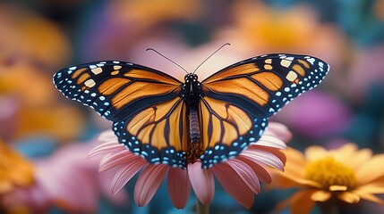 A butterfly perched on a blooming daisy in a spring garden