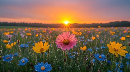 Fototapeta premium A sunrise over a dewy spring meadow with vibrant wildflowers