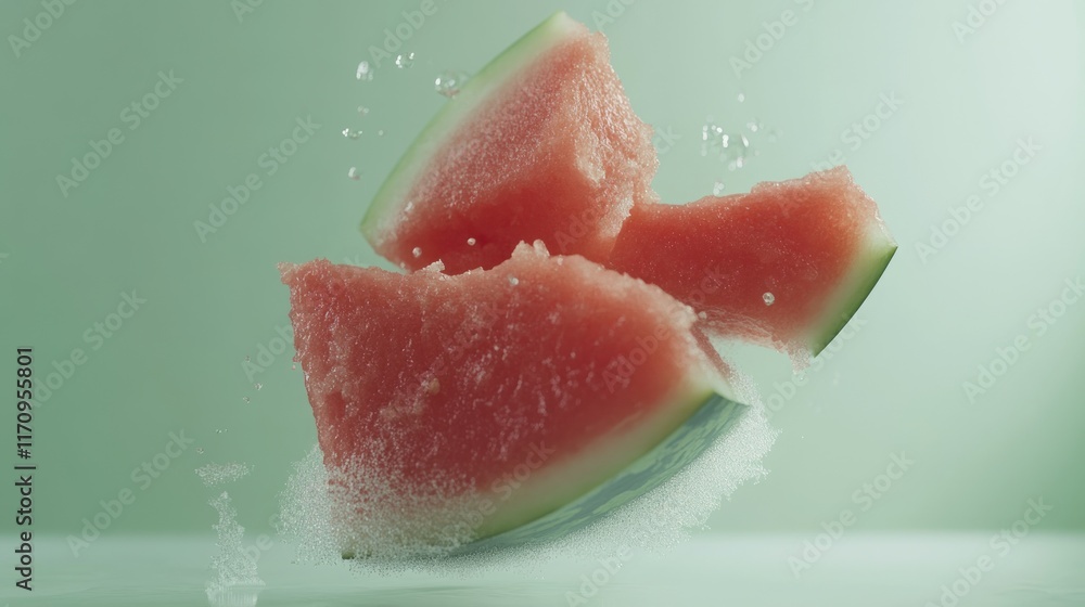 Poster slices of watermelon splashing into water.