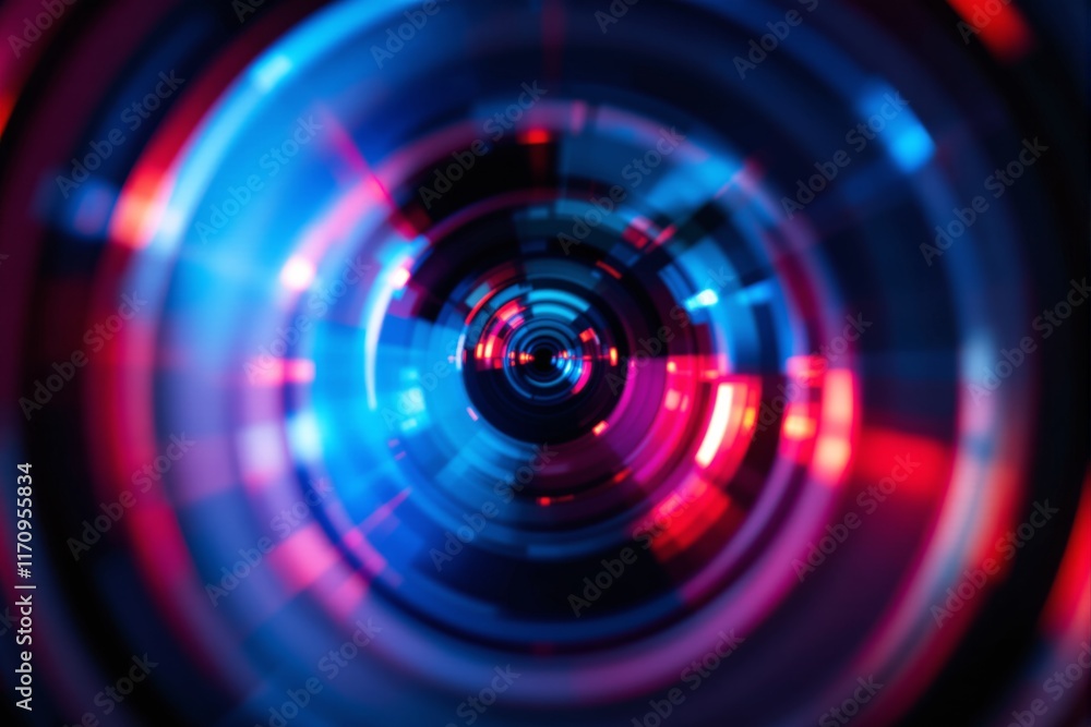 Poster abstract circular motion with vibrant blue and red light patterns, glowing in a futuristic style on 