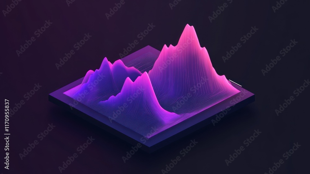 Poster abstract 3d isometric rendering of vibrant pink and purple peaks on dark background.