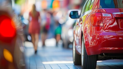 Red Car Parked on City Street with Blurred Pedestrians and Vehicles, Urban Life Concept.
