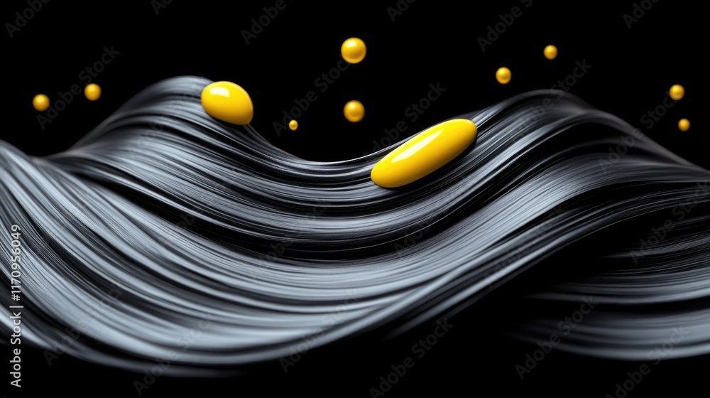 Poster fluid black waves with floating yellow spheres in abstract design