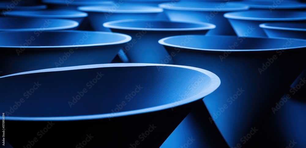 Poster abstract close-up of numerous dark-blue conical containers arranged in rows.