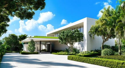 A modern white concrete house with a green roof is surrounded by lush trees and neatly trimmed bushes
