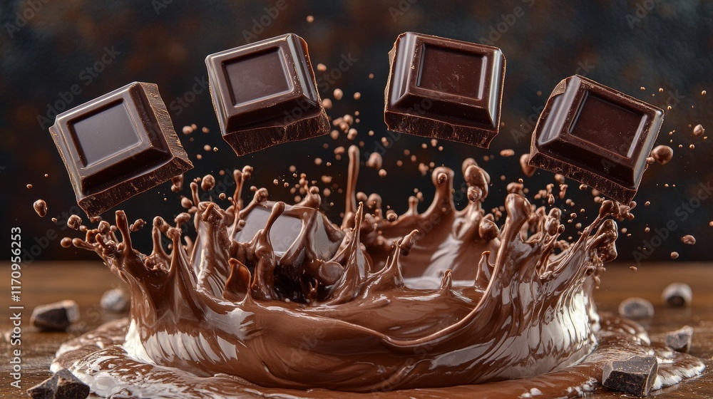 Poster chocolate explosion dynamic splash of melted chocolate and chocolate chunks on a dark background