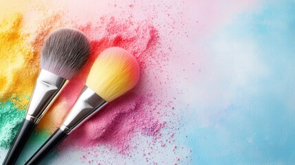 Two makeup brushes sitting next to each other on a colorful background