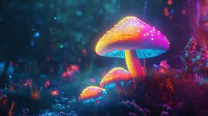 Glowing mushrooms in vibrant neon colors in a mystical forest setting.