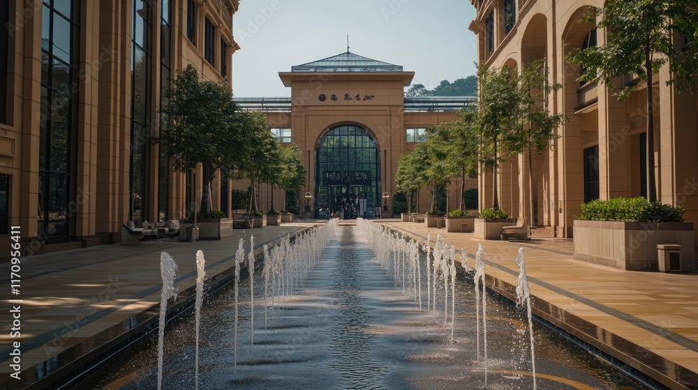 Poster modern architectural complex with a central water feature and symmetrical buildings.