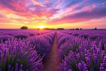 Obraz premium Lavender fields with vivid purple blossoms stretching to the horizon under a colorful sunset sky, representing tranquility and natural beauty. Ai generative