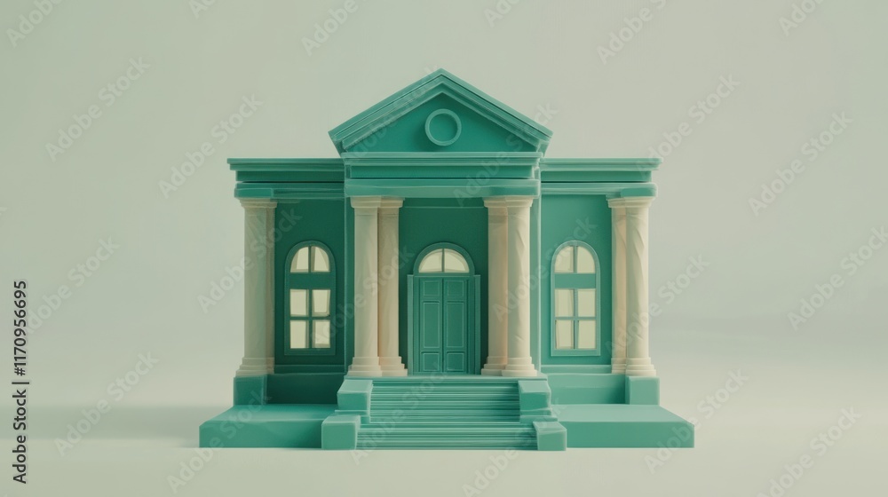 Poster Teal miniature building model with columns and steps on a light green background.