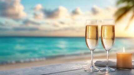 Two glasses of champagne on a table next to a candle