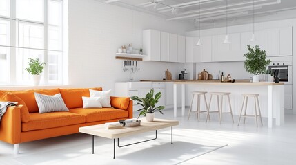 A cozy Scandinavian loft featuring white walls, a vibrant orange sofa, and a minimalist wooden coffee table. The kitchen includes white cabinetry and a breakfast bar with contemporary stools.