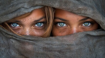 Fototapeta premium A woman with blue eyes peeking out from behind a blanket