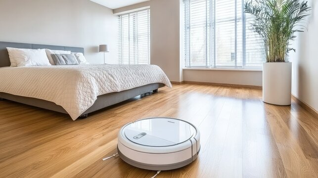 Robot vacuum cleaner explores under the bed in a sleek bedroom featuring a wooden floor and soft white and gray decor