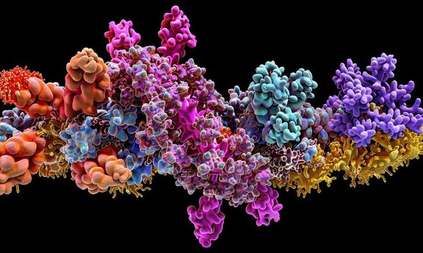  Vibrant 3D enzyme and protein interaction, glowing molecules, digital space.