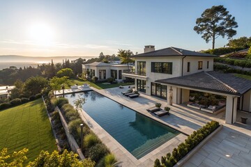 Fototapeta premium Luxurious Modern Home with Expansive Pool: Drone Aerial View