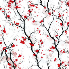This artwork features a bold display of black branches intertwined with clusters of vibrant red flowers on a soft white background, creating a striking visual contrast and a sense of flow