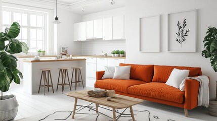 A cozy Scandinavian loft featuring white walls, a vibrant orange sofa, and a minimalist wooden coffee table. The kitchen includes white cabinetry and a breakfast bar with contemporary stools.