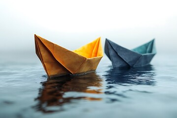 Origami paper boat floating on the beach with reflection in the water