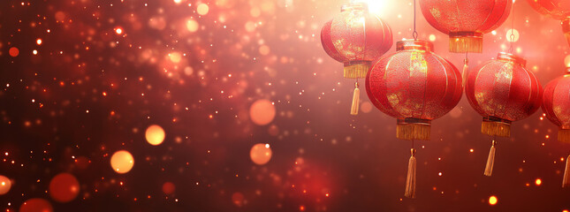 A cluster of red lanterns hangs gracefully, illuminating the evening with a warm glow amidst a backdrop of sparkles and bokeh lights, creating a joyful and festive mood